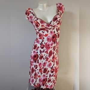Floral Red/Pink Flutter Sleeve V Neckline Midi Dress by Angie, Size M